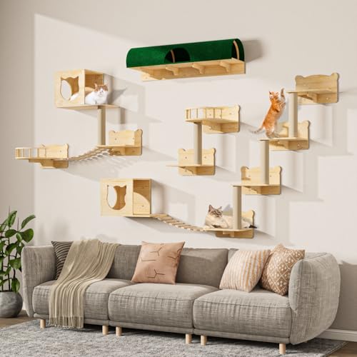 16 Pcs Pine Wooden Cat Wall Shelves, Wall Climber with House, Shelf, Bridge Ladder and Tunnel, Indoor Mounted Climbing Shelf