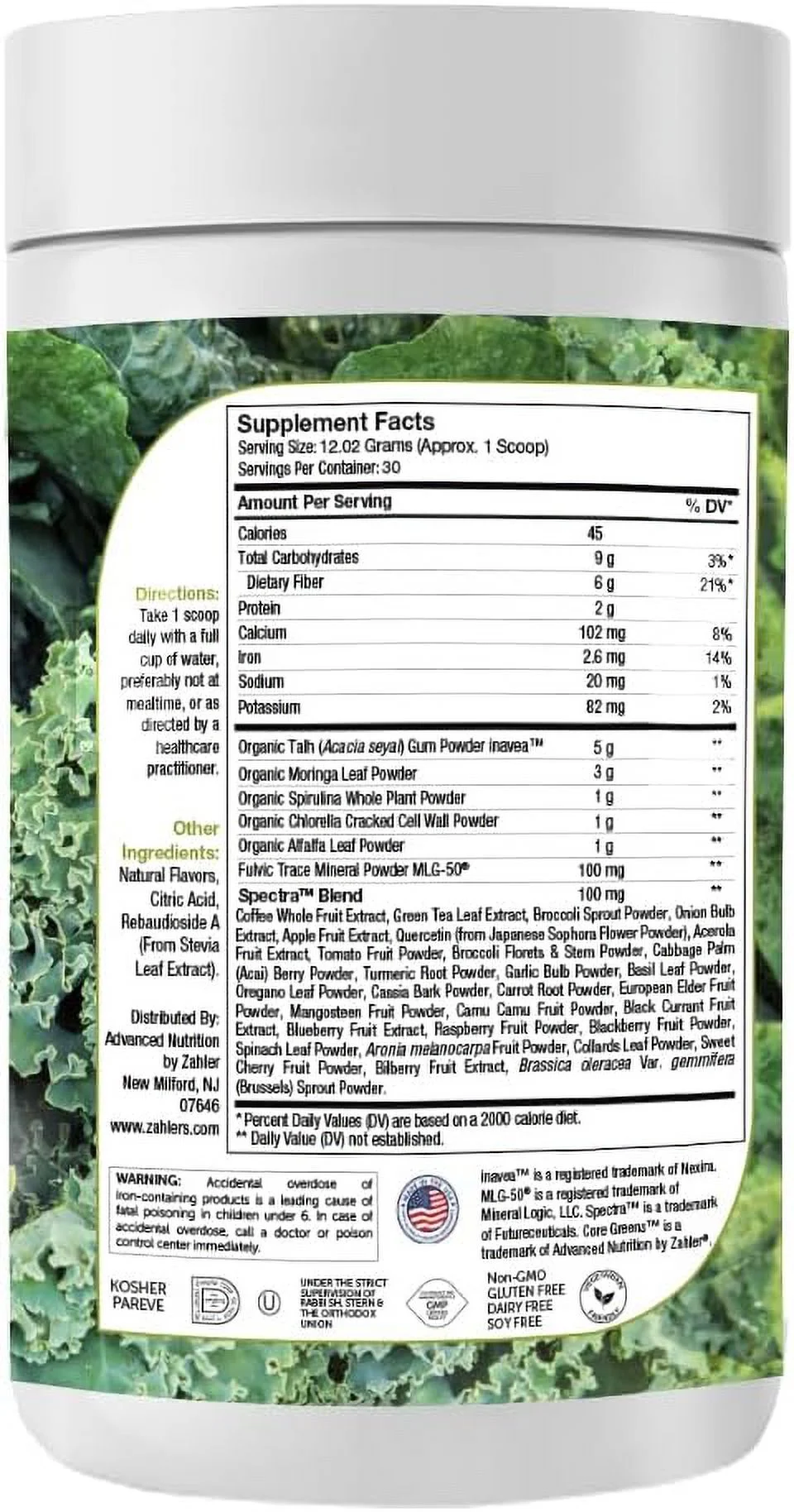 Zahler Core Greens Powder Nutrition Supplements - Superfood Powder - Super Green Juice & Smoothie Mix - Phytonutrient Rich Super Greens Powder with Spirulina, Chlorophyll & More, Natural Citrus Flavor