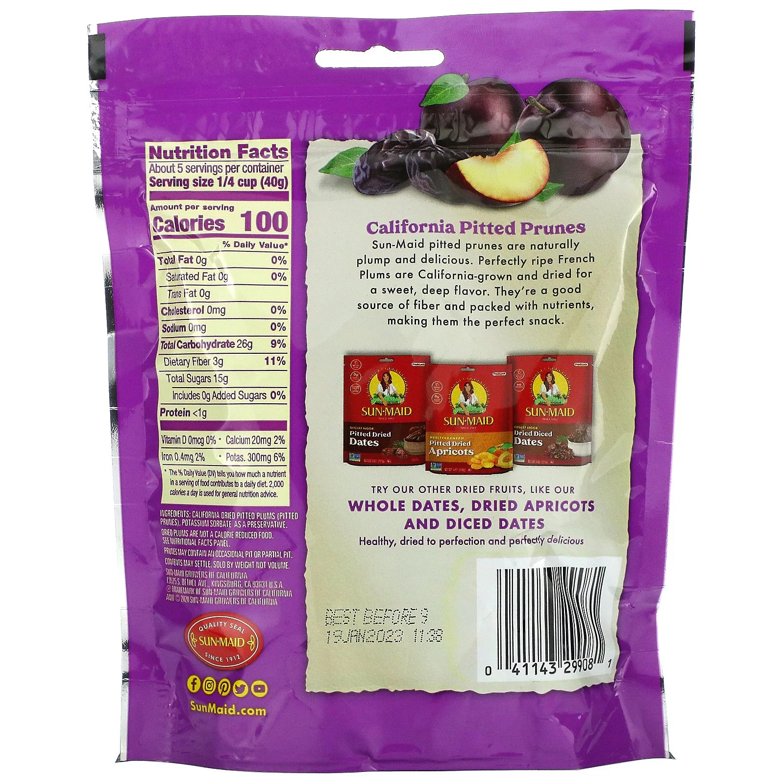 Sun-Maid, California Whole Pitted Prunes, Dried Plums, 7 oz Pack of 4