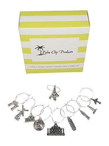 Palm City Products 10 Piece World Travel Themed Wine Charm Set - Traveler Stemmed Wine Glass Charms