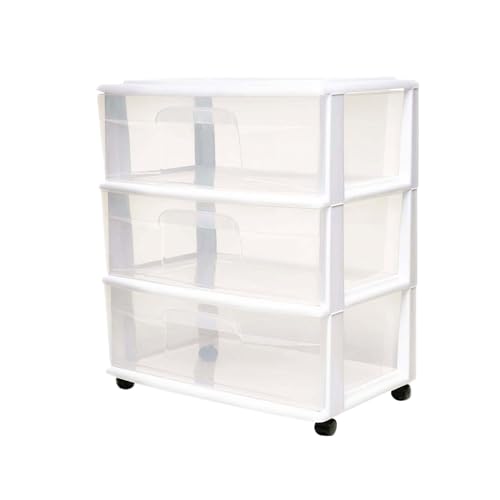 HOMZ Drawer Tower, 3-Tier Wide Clear Plastic Storage Organizer Cart, White Frame - Rolling Containers with Wheels for Bathroom, Bedroom, Office, and Classroom Organization