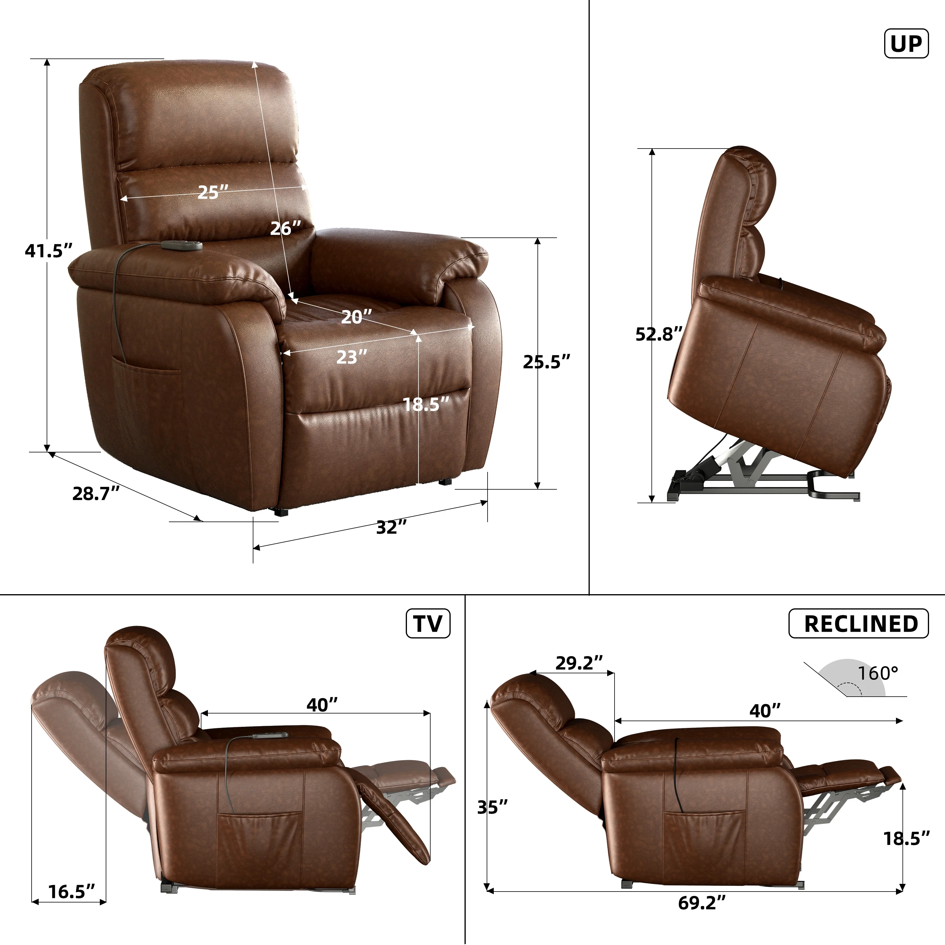 TOBILI Electric Large Power Lift Recliner with Massage and Heat PU Brown