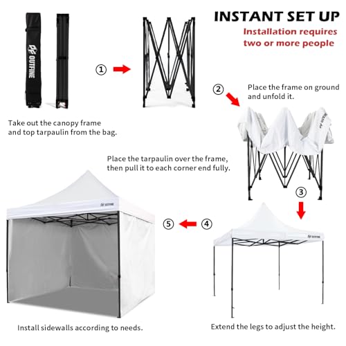 OUTFINE Heavy Duty Canopy 10x10 Pop Up Commercial Canopy Tent with 3 Side Walls Instant Shade, Bonus Upgrade Roller Bag, 4 Weight Bags, Stakes and Ropes (White, 10 * 10FT)