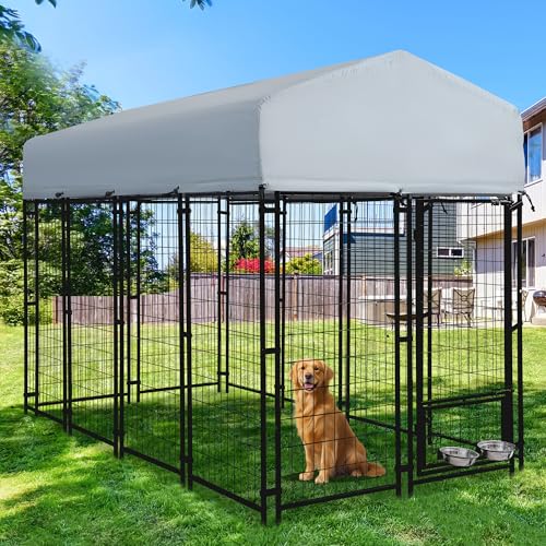 8x4x6 FT Outdoor Dog Kennels for Large Dogs, Heavy Duty Welded Wire Steel Outside Dog Kennel with Roof, Dog Pens with 2 Rotating Dog Bowls, Dog Playpen Fence with Secure Lock for Backyard