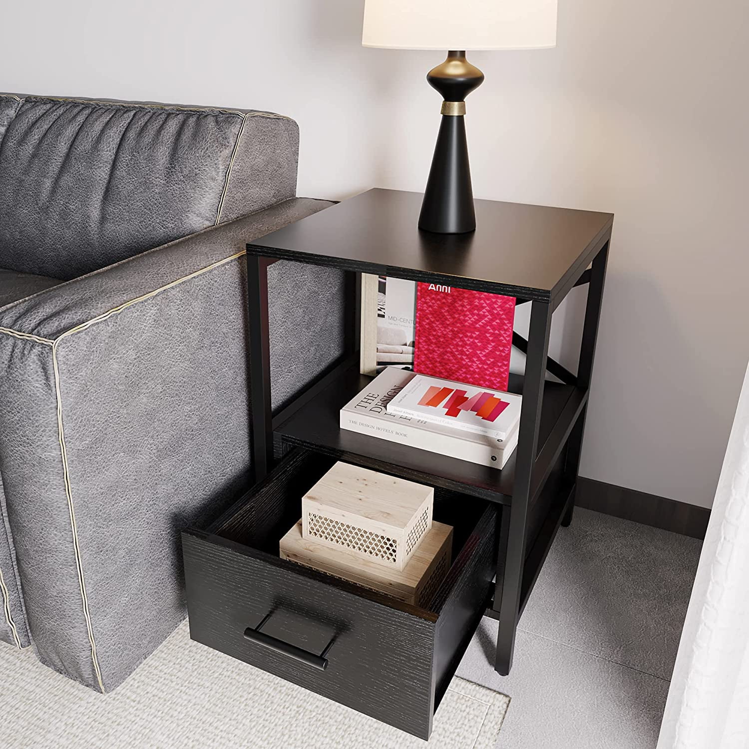 Black End Tables With Drawer, Black Side Tables Living Room, Nightstand Bedside Tables, End Table