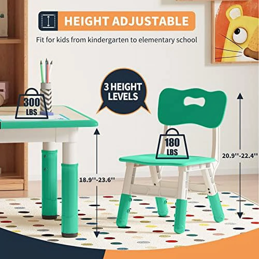 YZboomLife Table and Chair Set  Height Adjustable Toddler Table and 4 Chairs Set   Table for Playing  Drawing  Eating  Studying  Easy to Clean Arts & Crafts Table for Ages 2-10 (Light