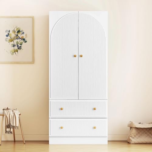 QHITTY Freestanding Bedroom Armoire Wardrobe with 2 Drawers, Bedroom Chest Clothes Storage with Clothing Rod and 2 Storage Doors for Bedroom, Living Room White