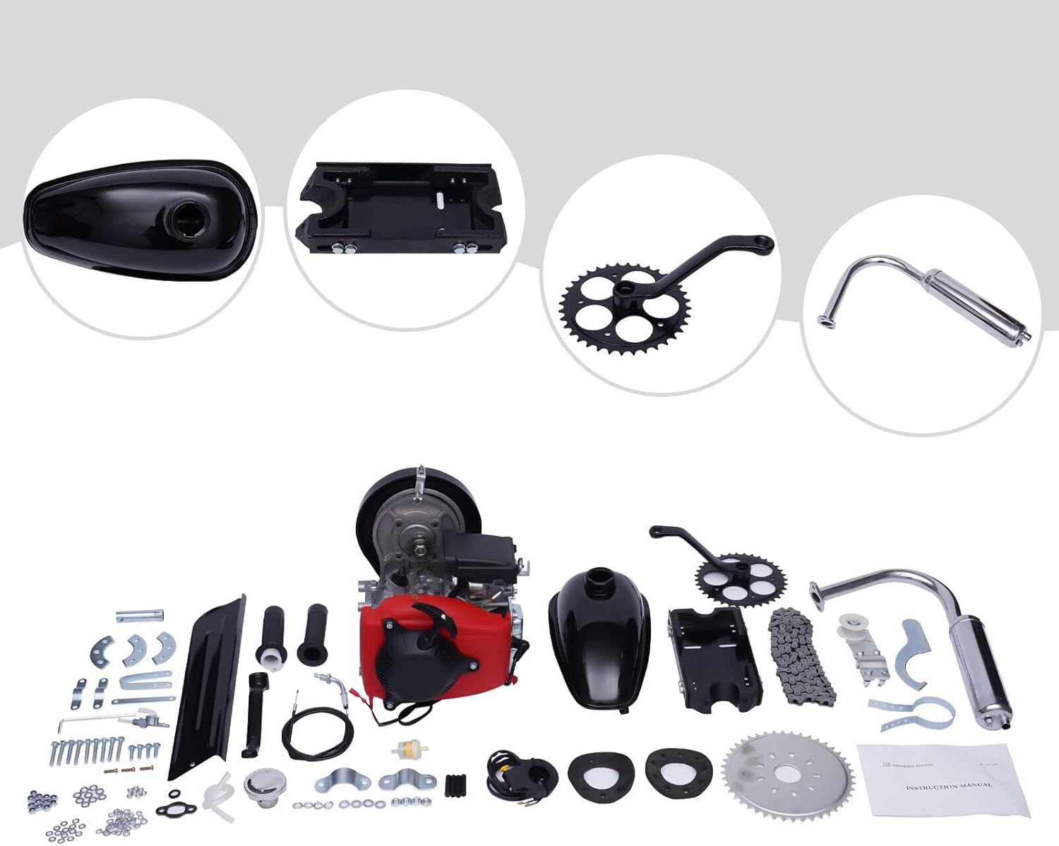 49CC 4-Stroke Bike Engine Kit DIY Motorized Petrol Bike Engine Motor Scooter Kit Belt Gear Single Cylinder Gas Petrol Bicycle Engine Kit with Air Cooled