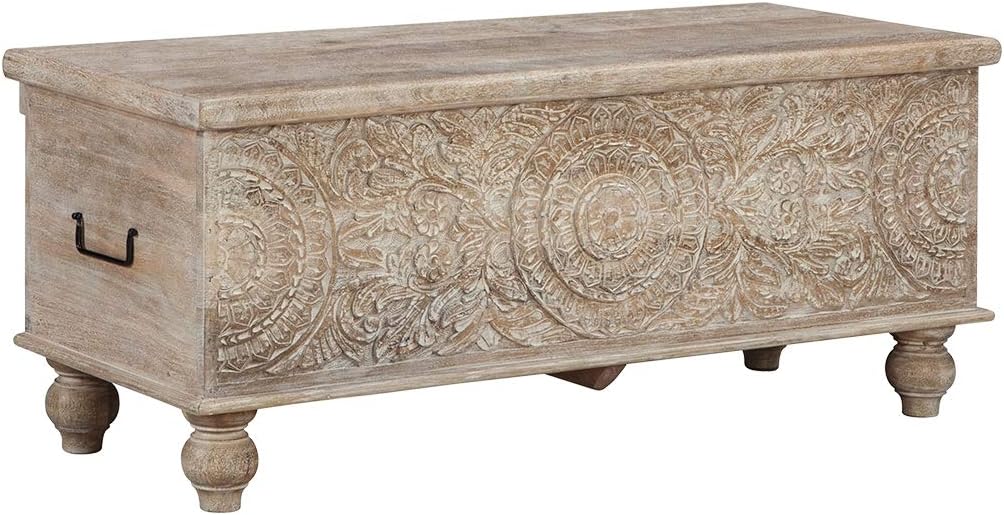 Signature Design by Ashley Fossile Ridge Boho Carved Wood Storage Bench with Hinge Top, Beige