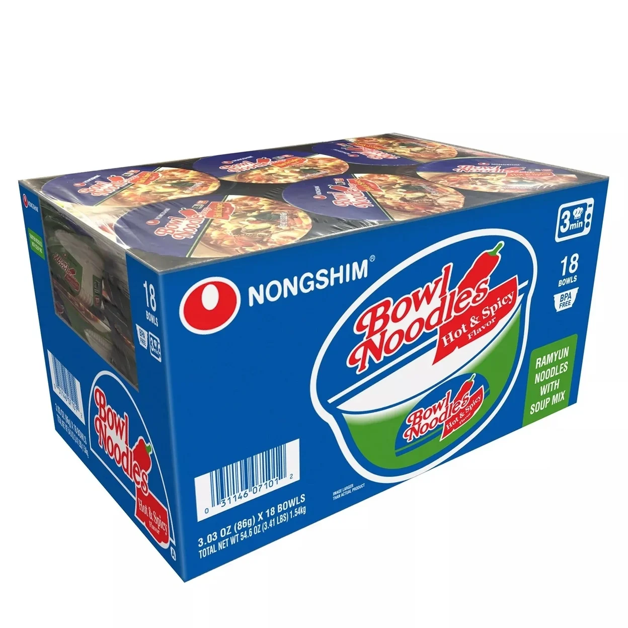 Nongshim Bowl Noodle Hot and Spicy Beef Ramen 3.03 Ounce (Pack of 18)