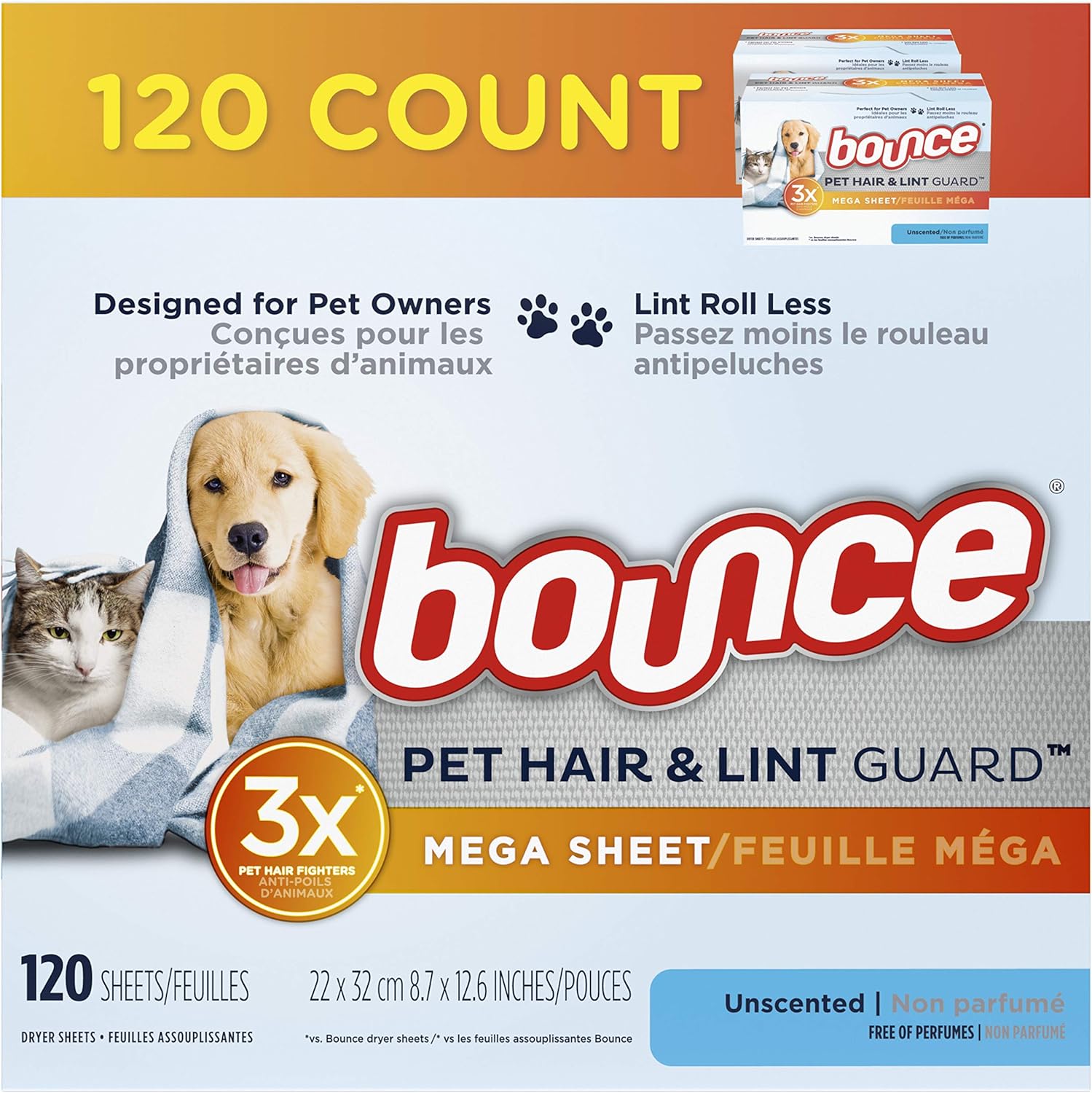 Bouce Bounce Pet Hair and Lint Guard Mega Dryer Sheets for Laundry, Fabric Softener with 3X Pet Hair Fighters, Unscented, Hypoallergenic, 120 Count