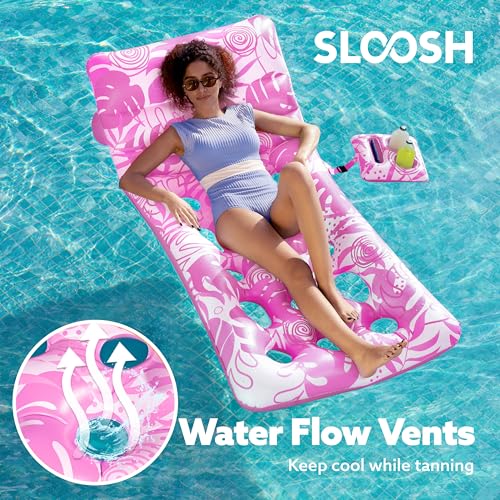 SLOOSH Adjustable Backrest Pool Floats - Tropical Leaves Pool Lounger Floaties Adults with Cup Holders, Inflatable Tanning Float Rafts Chair Beach Lake Lounge Floating Above Water Keep Cool (Blue)