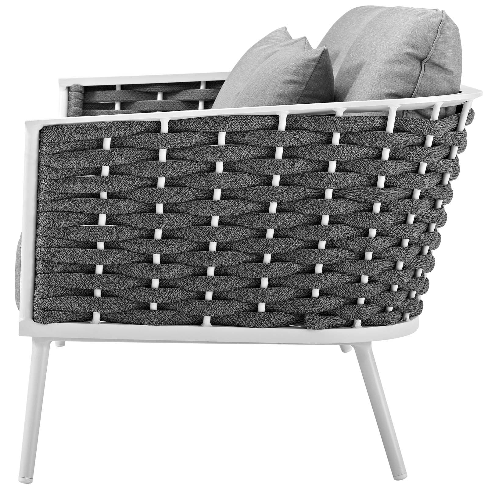 Contemporary Modern Urban Designer Outdoor Patio Balcony Garden Furniture Lounge Loveseat Sofa, Aluminum Fabric, White Grey Gray