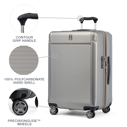 Travelpro Platinum Elite Hardside Expandable Carry on Luggage, 8 Wheel Spinner, TSA Lock, Hard Shell Polycarbonate Suitcase, Metallic Sand, Compact Carry on 20-Inch