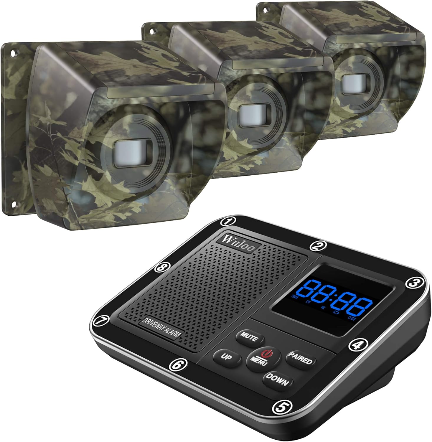 1800 Ft Wireless Outside Driveway Alarm Outdoor Motion Sensor & Detector Driveway Alert System, Rechargeable Battery/Weatherproof/Mute Mode/Clock and Alarm Functional (1&3-Camouflage)