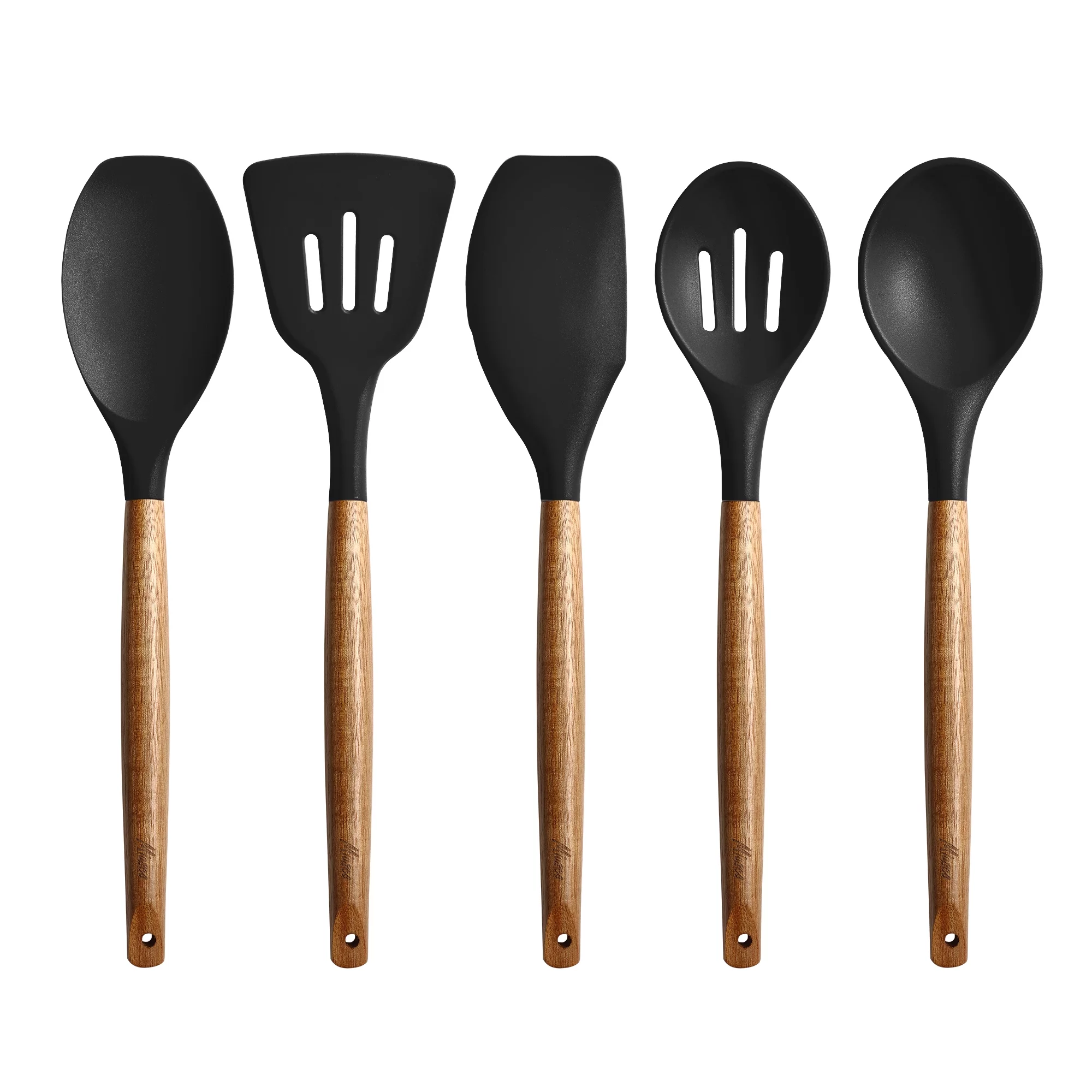 Miusco Nonstick Silicone Kitchen Cooking Utensils Set with Wood Handle, BPA Free, Black 5 pcs