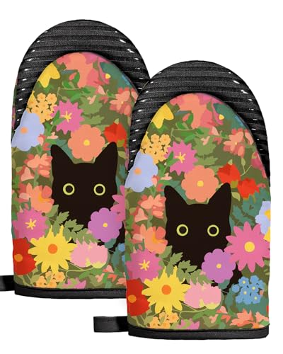 Slohif Mini Christmas Funny Oven Mitts Set – Extended Short Heat Resistant Kitchen Gloves for Women, 100% Cotton Oven Mitts with Silicone Grips, Non-Slip and Thick Durable for Cooking & Baking