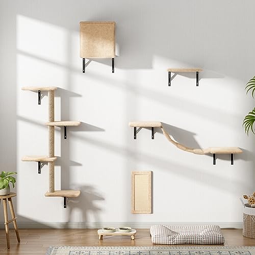 Wall Mounted Cat Furniture Set - 5 Piece Cat Shelves with Tree, Perch, Scratcher, Bridge & Condo - Gray