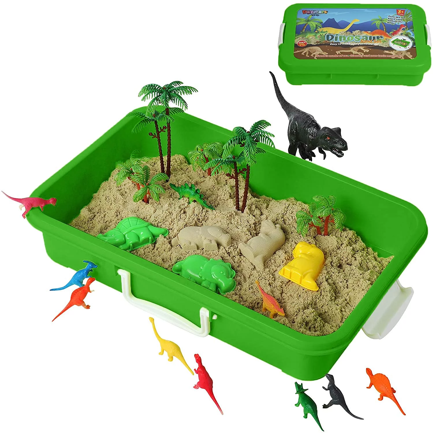 Dinosaur Play Sand Kit - Sensory Bin, 2 Bags of Sand, 34 Pieces with Bin, Lid, Figures, Molds, Trees, Fences