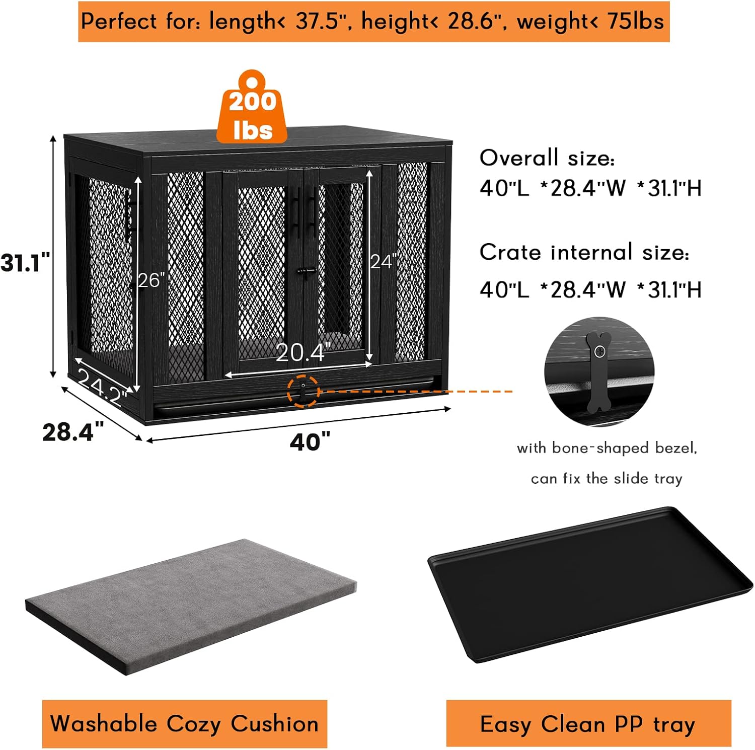 Furniture Style Dog Crate with Tray and Cushion, Double Doors Wooden Dog Kennel End Table, Decorative Pet Crate House Cage Indoor for Small Medium Dogs