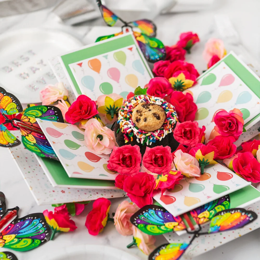 SendaCake White & Gold Foil Celebration Explosion Flying Butterfly Surprise, Cake & Flowers Gift Box - Birthday Gift for All Ages