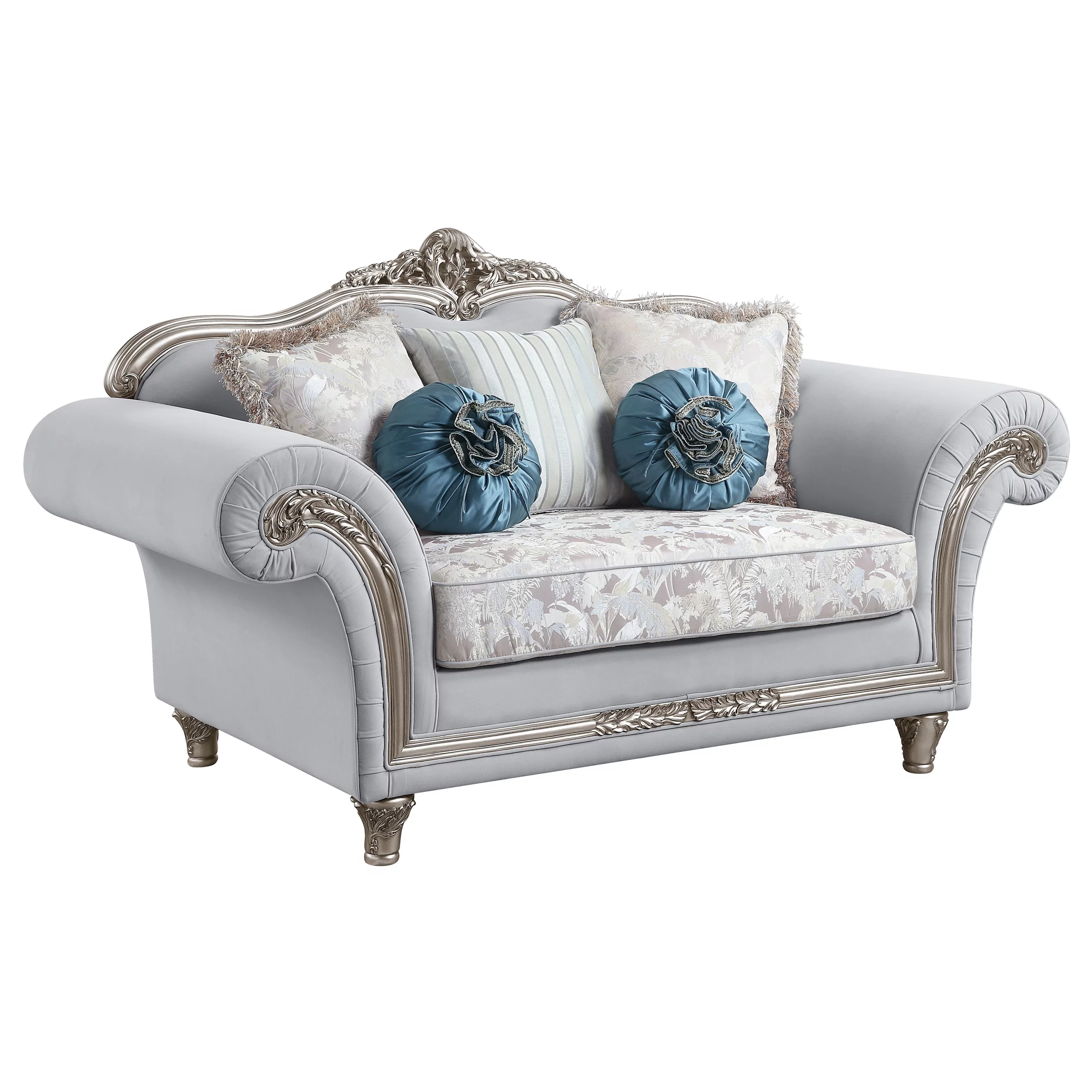 ACME Pelumi Rolled Flared Arms Loveseat with 5 Pillows in Light Gray Linen