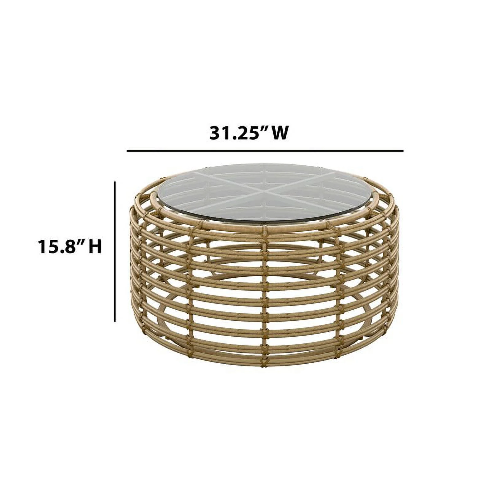 Afuera Living Round Patio Aluminum/Wicker Frame Coffee Table w/ Glass Top Beige