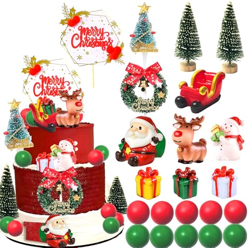 Christmas Cake Topper Merry Christmas Cake Topper Cupcake Decoration with Craft Tree Mini Santa Sleigh Reindeer Xmas Party Miniature Ornaments