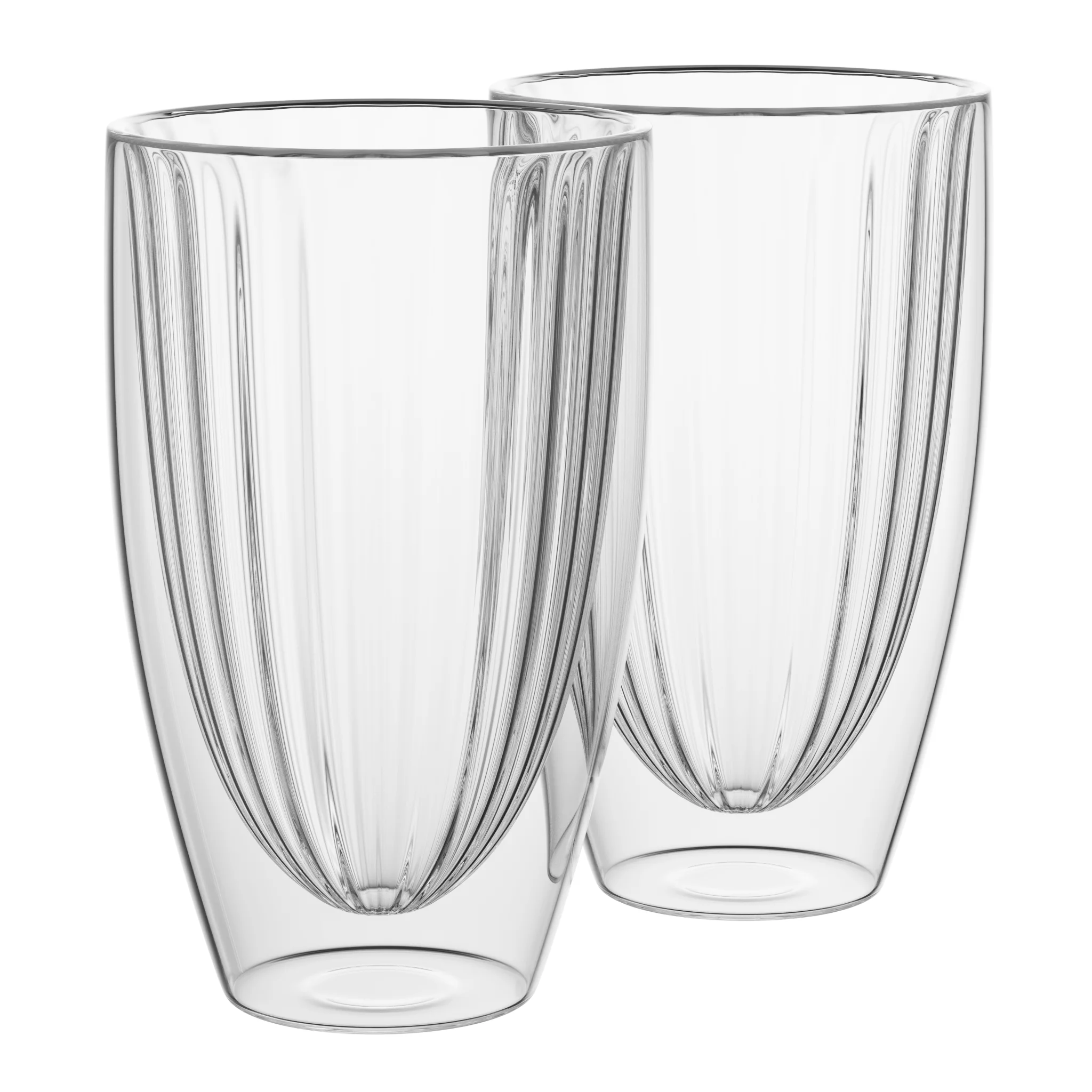 Elle Decor Ribbed Set of 2 Glass Double Wall Coffee Cups, Insulated, Espresso Cups, 16-Ounce, Clear
