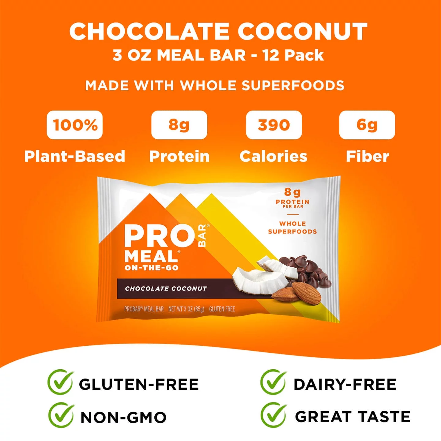 PROBAR - MEAL Bar, Chocolate Coconut - Natural Energy, Non-GMO, Gluten-Free, Plant-Based Protein, 12 Count