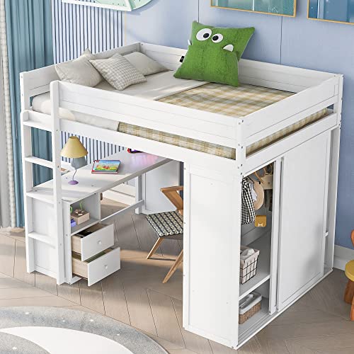 Wood Full Size Loft Bed with Wardrobes 2-Drawer Desk and Storage Cabinet,Bedroom Wood Bed Frame W/ 2 Drawers,No Box Spring Required,for Kids Teens Girls Boys,White