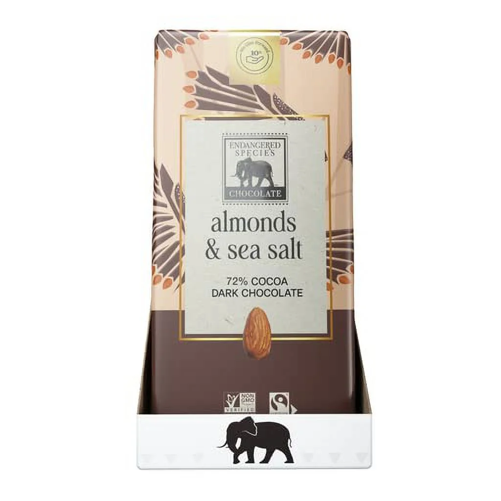 Endangered Species Chocolate Bar, Dark Chocolate with Sea Salt & Almonds, 3 Ounce (Pack of 12)