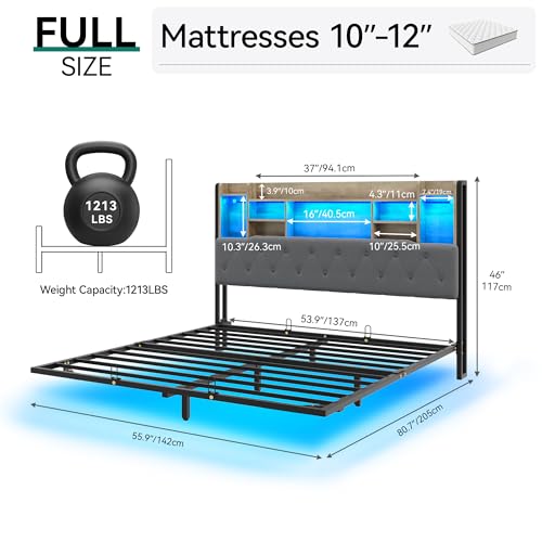 YITAHOME Full Floating Bed Frame & Charging Station, Upholstered Platform Bed with Headboard Storage, No Box Spring Needed,Gray