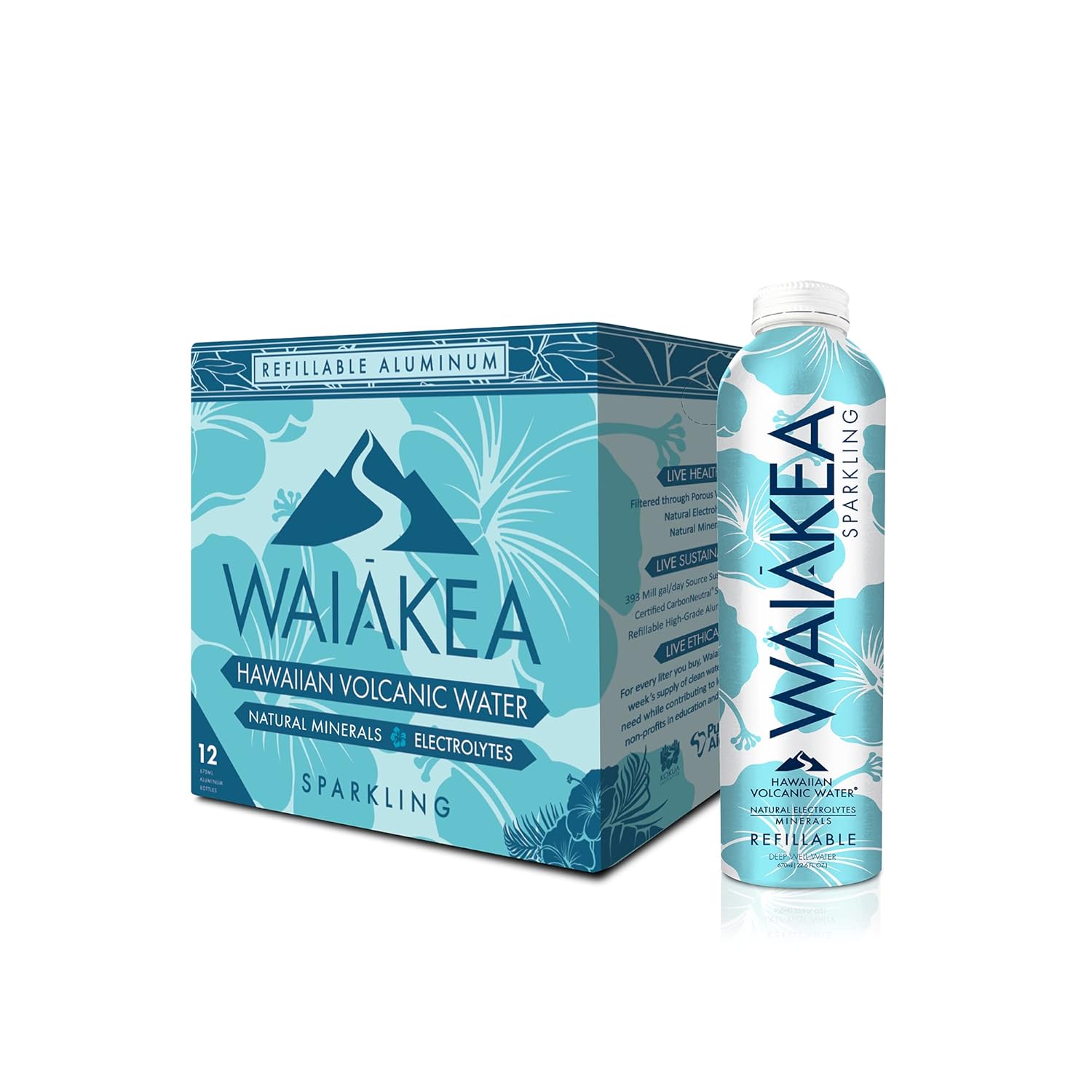 Sparkling Waiakea Hawaiian Volcanic Water 670ml Refillable Aluminum 12-pack ('Alohi)