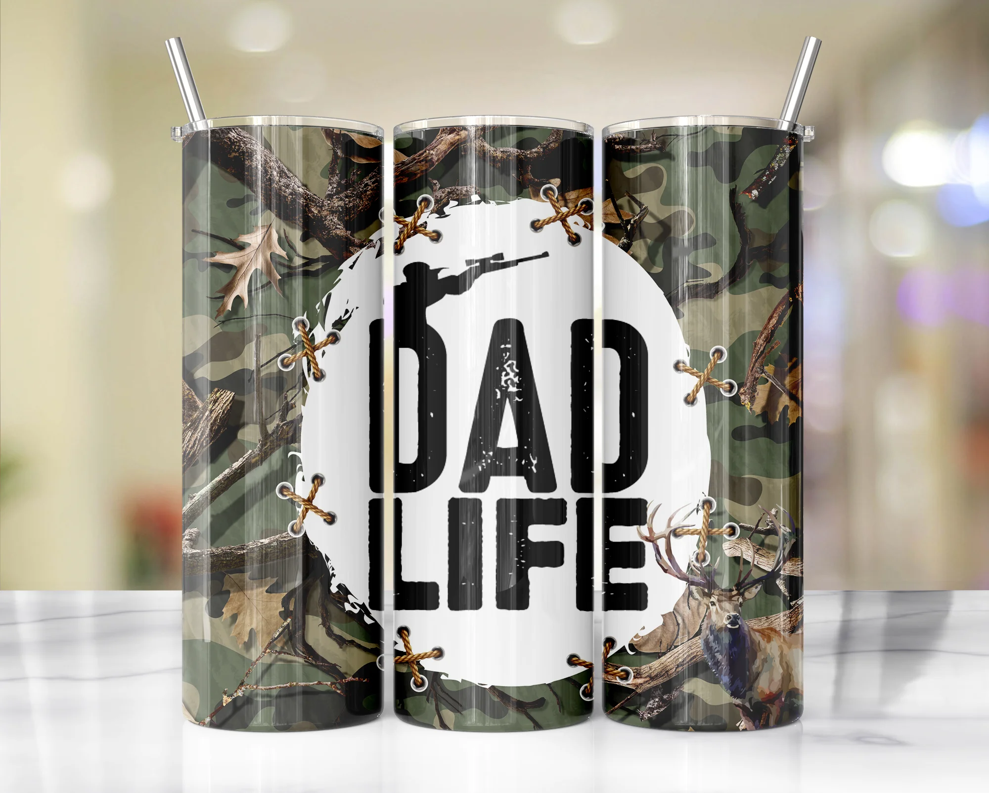 Dad Life Deer Hunter Camo 20 Oz Skinny Metal Tumbler w/Lid and Straw