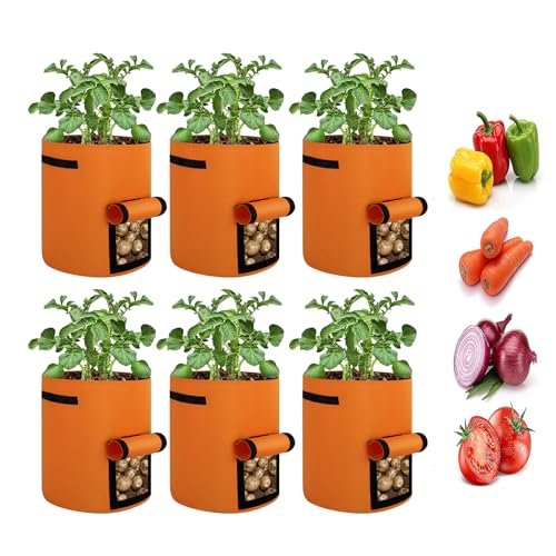 6-Pack 10 Gallon Grow Bags, Thickened Nonwoven Fabric Gallon Pots, Potato Growing Bags, Garden Fabric Grow Bags with Flap and Handles, Vegetable Grow Pots 6 Pack