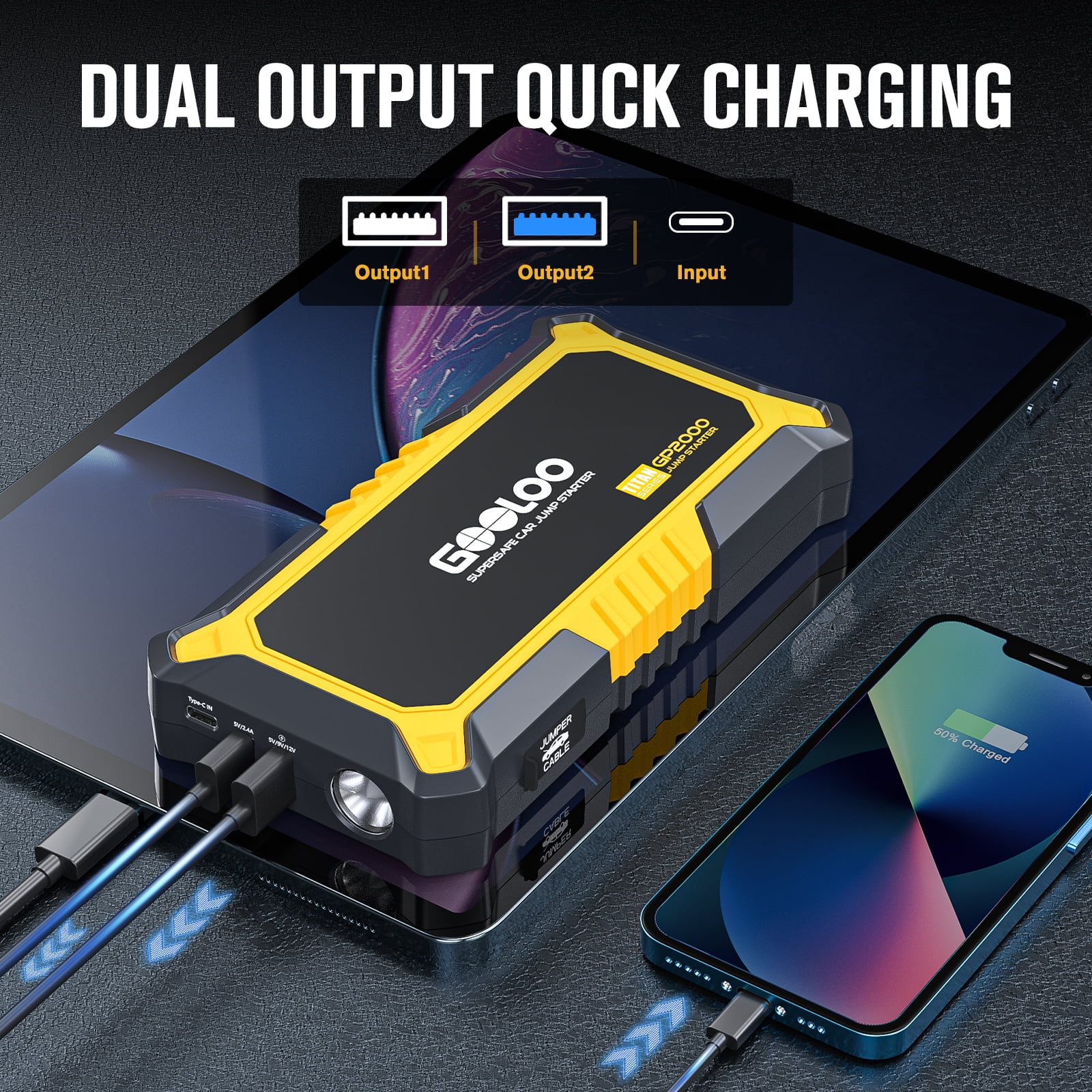 GOOLOO Jump Starter,2000A Peak 12V Car Jumper Box(Up to 8.0L Gas and 6.0L Diesel Engine),Portable Lithium Battery Booster Pack with USB Quick Charge SuperSafe