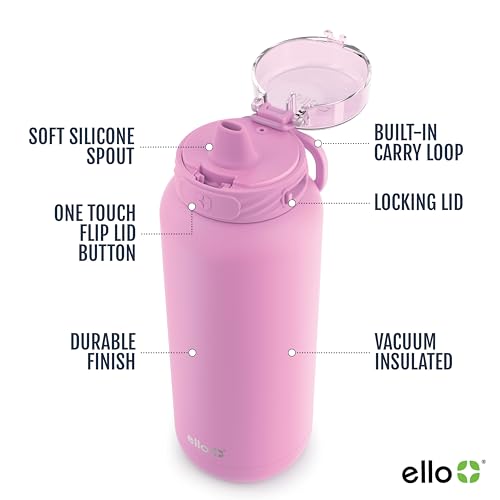 Ello Cooper 32oz Stainless Steel Water Bottle with Straw and Carry Handle, Double Walled and Vacuum Insulated Metal, Leak Proof Locking Lid with Soft Silicone Spout, Reusable, BPA Free, Yucca