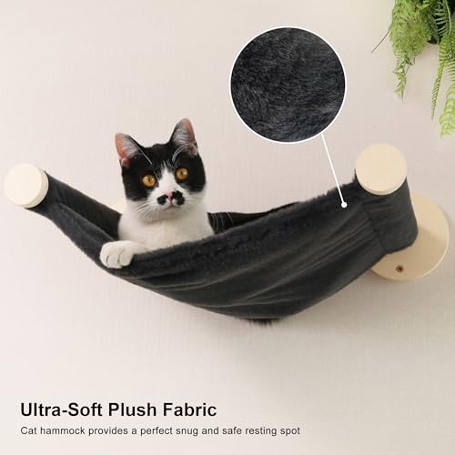 FUKUMARU Cat Wall Shelves, 5-Piece Stable Wooden Wall-Mounted Furniture Set, Kitty Climber with Hammock, House, Steps, Scratching Post (Gray)