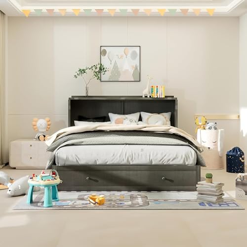 Murphy Bed Queen Cabinet, Pine Wood Murphy Bed,Queen Cabinet Bed with Mattress,Storage Drawer, USB Charging Station,14pcs Auxiliary Wheels for Living Room Apartment (Grey for Queen Size)