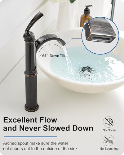 Vessel Sink Faucet, Oil Rubbed Bronze Waterfall Bathroom Sink Faucets, Brass Tall Bathroom Faucet Vanity Faucet 1 Hole Restroom Faucet Single Handle with Pop-up Drain Supply Hose