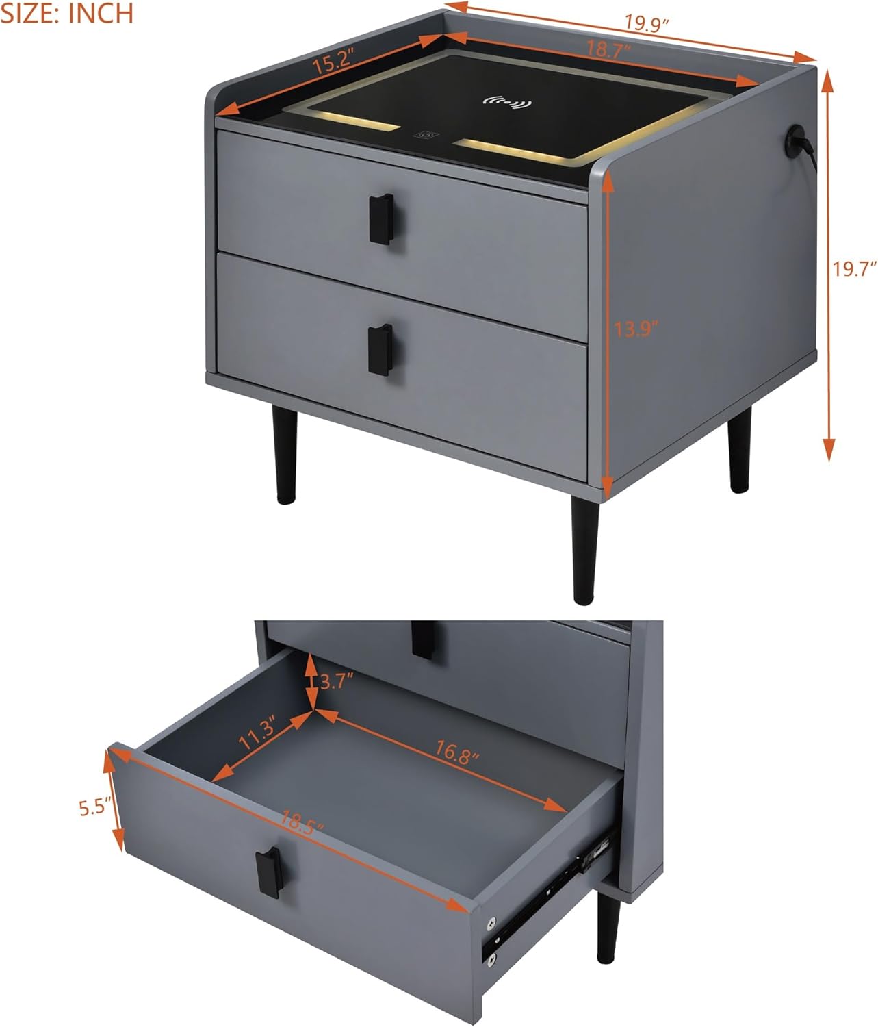 1 Pack Smart Nightstand Storage Cabinet with Wireless Charging Station/USB Charging and Adjustable LED Lights, Modern All in One Nightstand for Bedroom/Living Room Furniture Grey