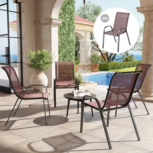 Outsunny Outdoor Dining Chairs Set of 4, Stackable Patio Dining Chairs, High Back Outdoor Patio Chairs with Breathable Mesh Seat, Metal Frame for Garden Lawn Backyard, Brown