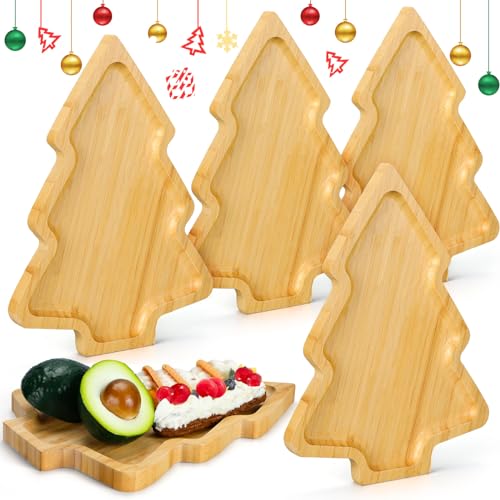 Sliner 4 Pieces Christmas Dishes Christmas Tree Shaped Wooden Appetizer Tray Wood Candy Tray Xmas Tree Shaped Charcuterie Board Sushi Serving Snack Appetizer Platter for Home 11''x7.9''