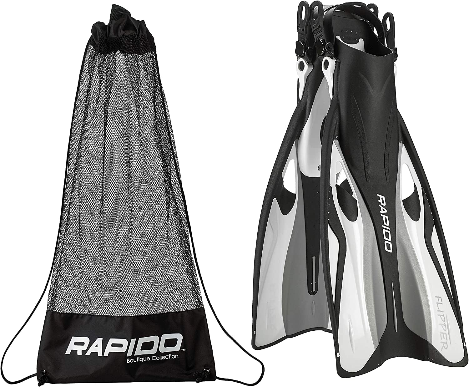 Rapido Boutique Collection Flipper Open Heel Adjustable Snorkel Fin with Snorkeling Gear Carry Bag, Ideal Snorkeling Fins for Snorkel or Scuba