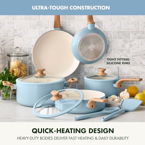 GreenPan Rio Essence Wood 10 Piece Cookware Pots and Pans Set, Healthy Ceramic Nonstick, PFAS PFOA Free Coating, Induction, Silicone Rim Lids, Stay-Cool Wood Print Handles, Dishwasher Safe, Blue