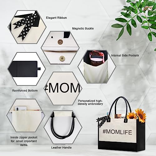 BeeGreen Mother's Day Gifts Personalized Women's Large White and Black Canvas Tote Bag, Embroidered Initials, Leather Handle, Zipper Closure