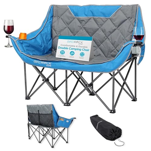 BIRDROCK HOME Double Camping Chair - Double Wine & Cup Holders - Blue & Grey, Durable Padded Fabric, Sturdy Frame, 650 lb Cap. Storage, Spacious Camping Sofa, Loveseat for The Beach, Sports, Outdoors