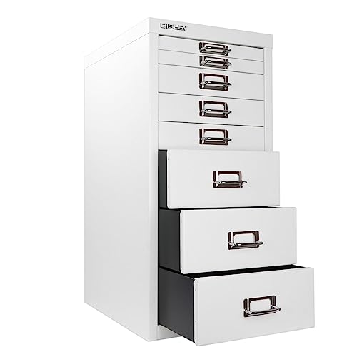 Bisley 10-Drawer Steel MultiDrawer Cabinet - Black, Chrome Pull Handles with Label Holders, Powder-Coated Steel, Removable Drawers, Fits Under Most Desks, Labels Included