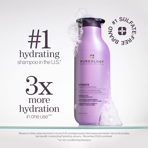Pureology Hydrate Shampoo - For Dry or Color-Treated Hair, Intense Hydration & Softness, With Rose Extract & Green Tea, Vegan & Sulfate-Free